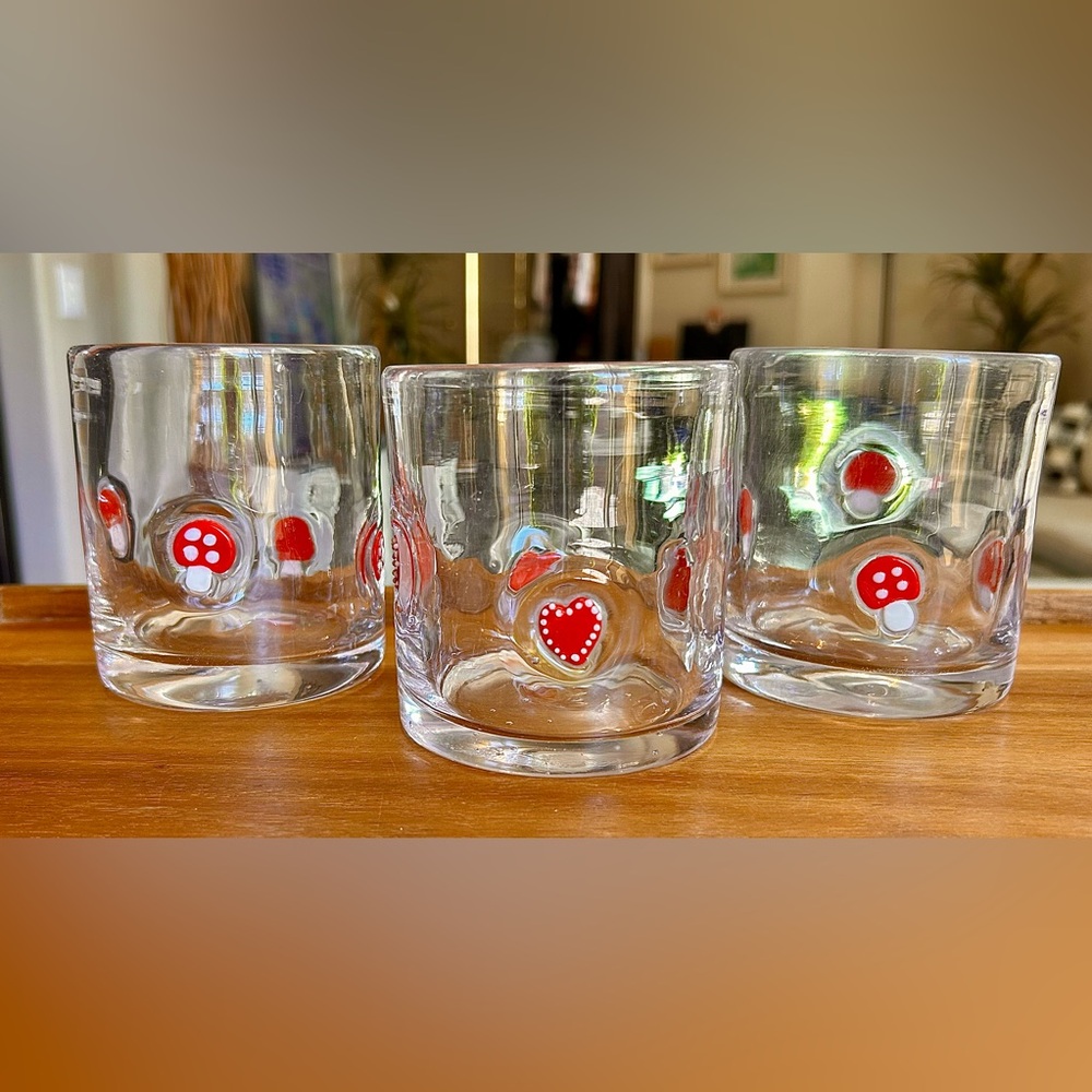 3 Anthropologie Icon Juice Glasses
Hand-Pressed Red Hearts & Mushroom Icons
